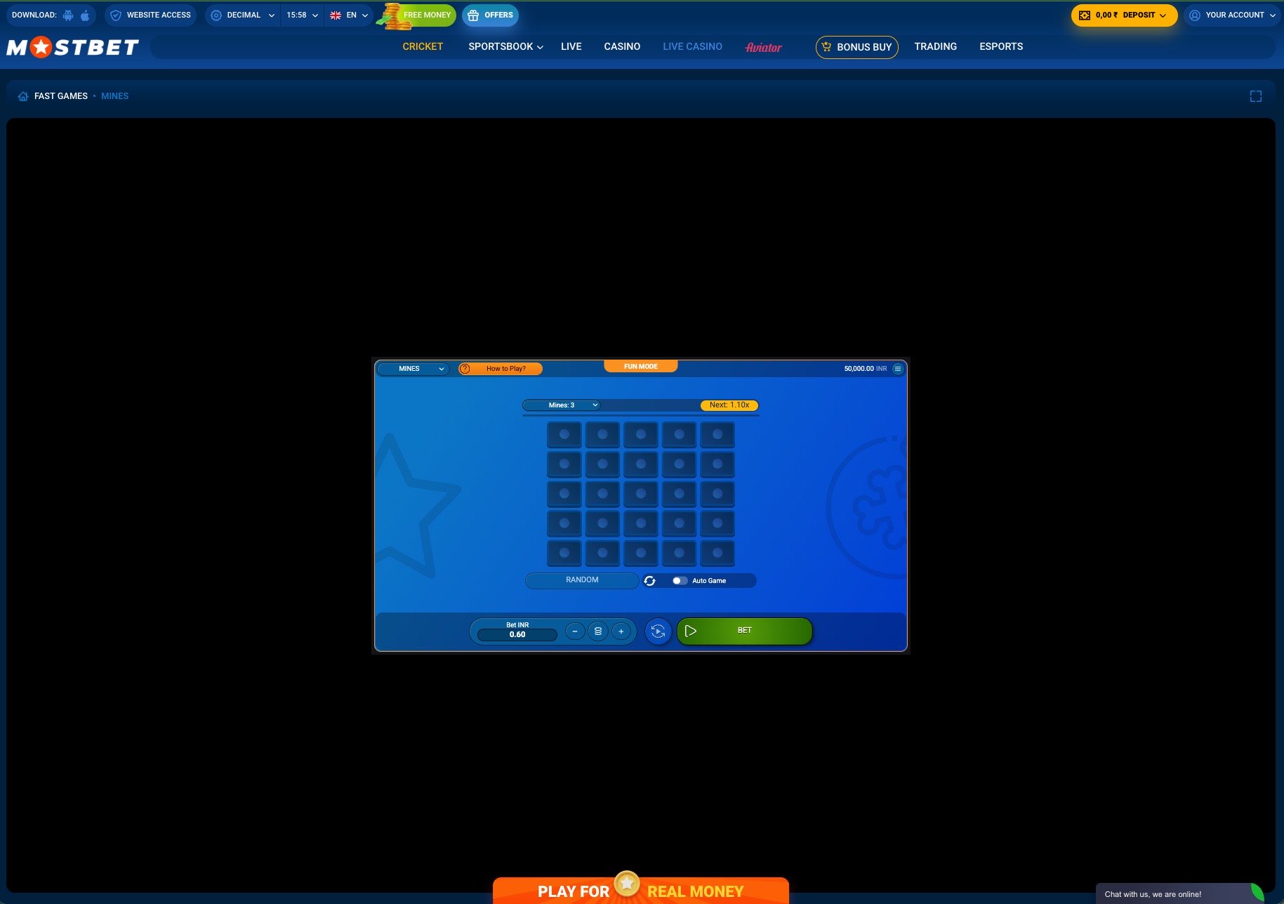 Mostbet Mines board at the start of a round with three mines selected and the full grid visible
