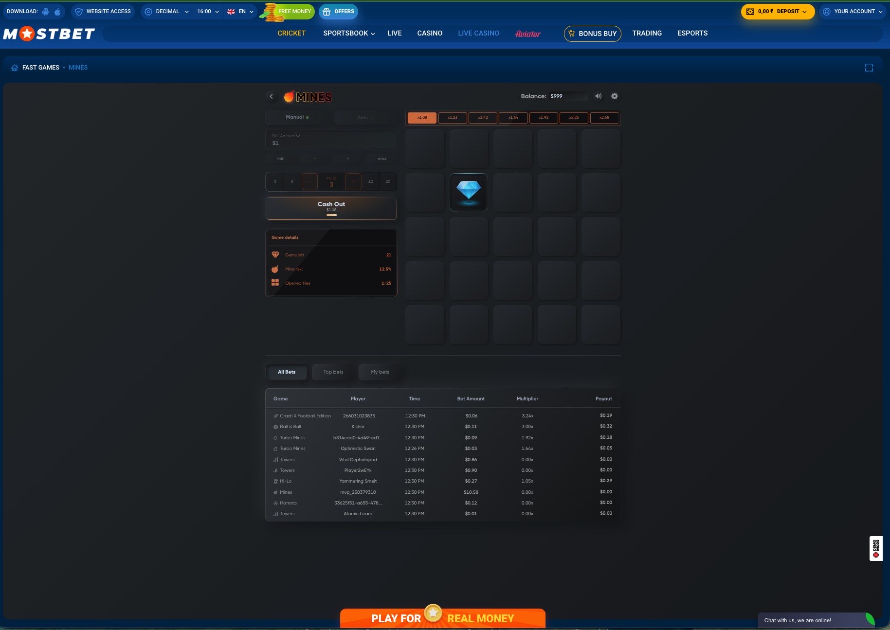 Mostbet Mines win state showing revealed gems, payout popup, and recent result history