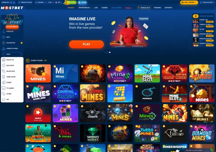 Mostbet Mines game lobby showing the active grid of Mines titles and related variants