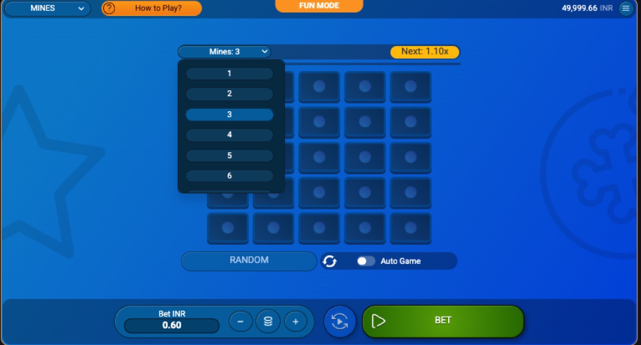 Mostbet Mines game screen showing the mine-count selector and the board before the round starts