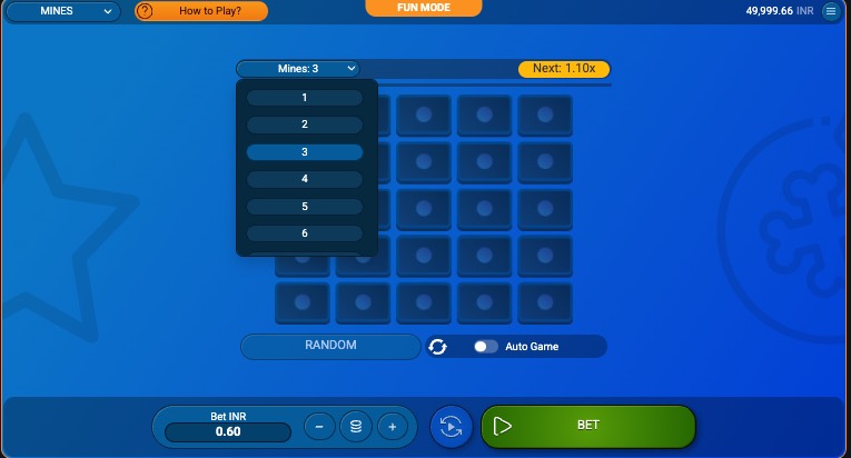 Mostbet Mines board showing the mine-count selector and fresh unopened grid before the round begins